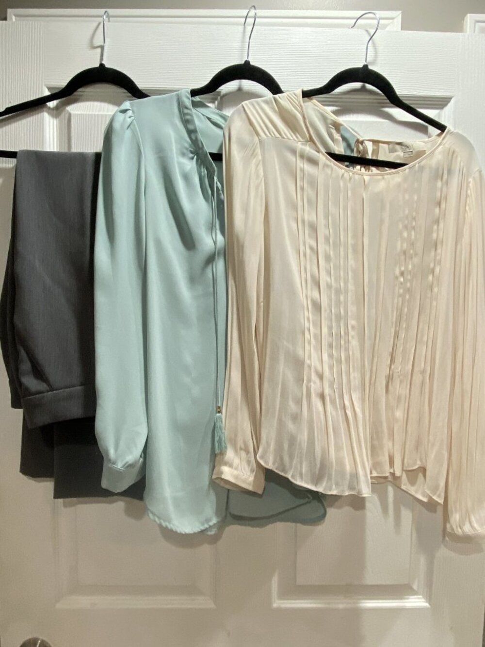 Bundle- 2 shirts (Light Green and Blush) Size Med & 1 pants - Grey size 10